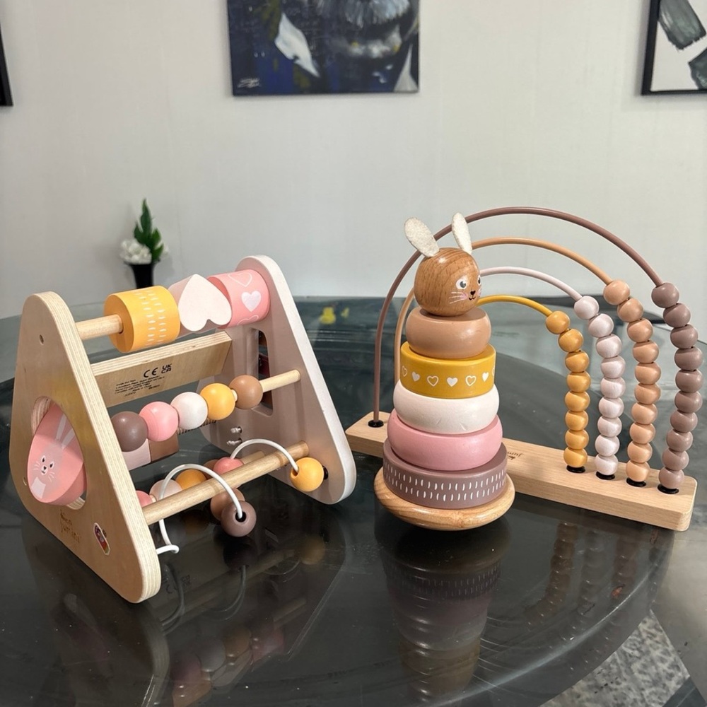 Wooden Bead Maze and Stacking Toy Set - Pink, Yellow, Brown